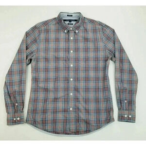 Tommy Hilfiger Custom Fit Melange Size Medium Mens Gray Red Blue Check Cuff Logo